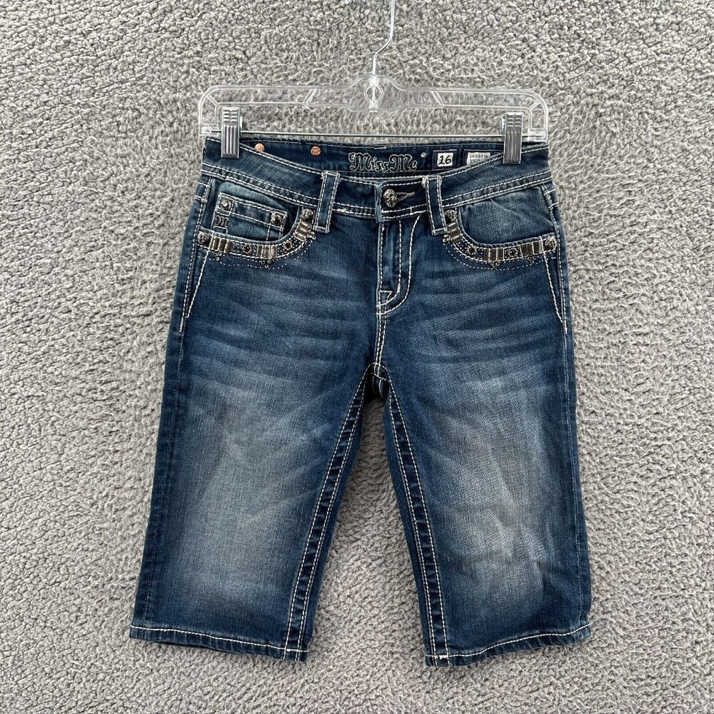 Miss Me Girls Dark Blue Distressed Denim Bermuda Shorts